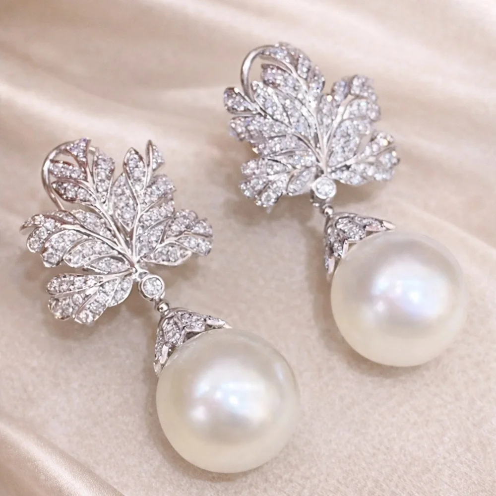 Couture Leaf Diamond Pearl Earrings